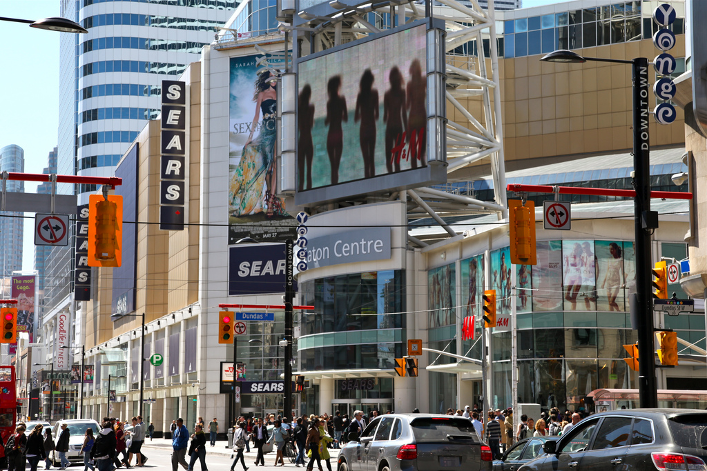 Exterior view of Toronto's Eaton Centre and streets