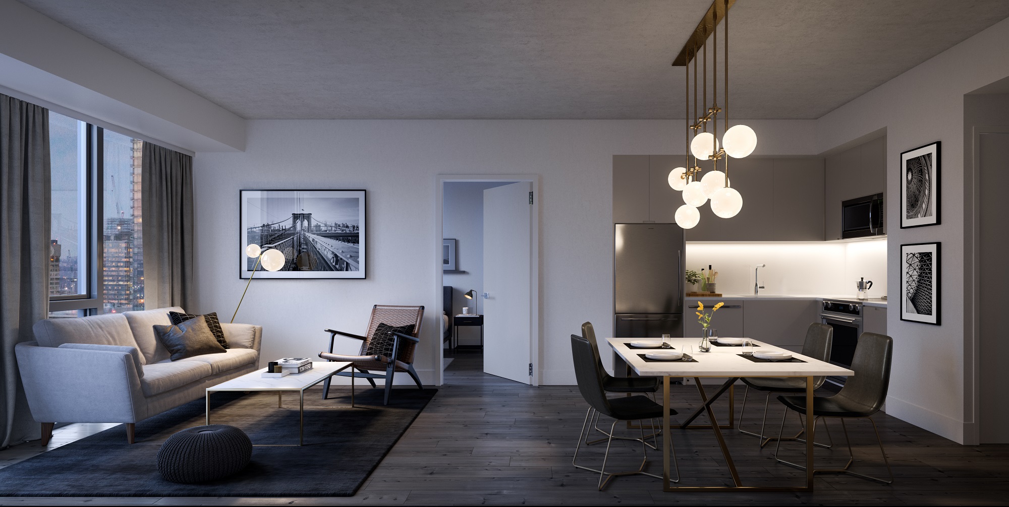 3D render of open-concept dining room, kitchen, and living area (same, less, rather, while, yet, opposite, much as, either as a result, hence, consequently)
