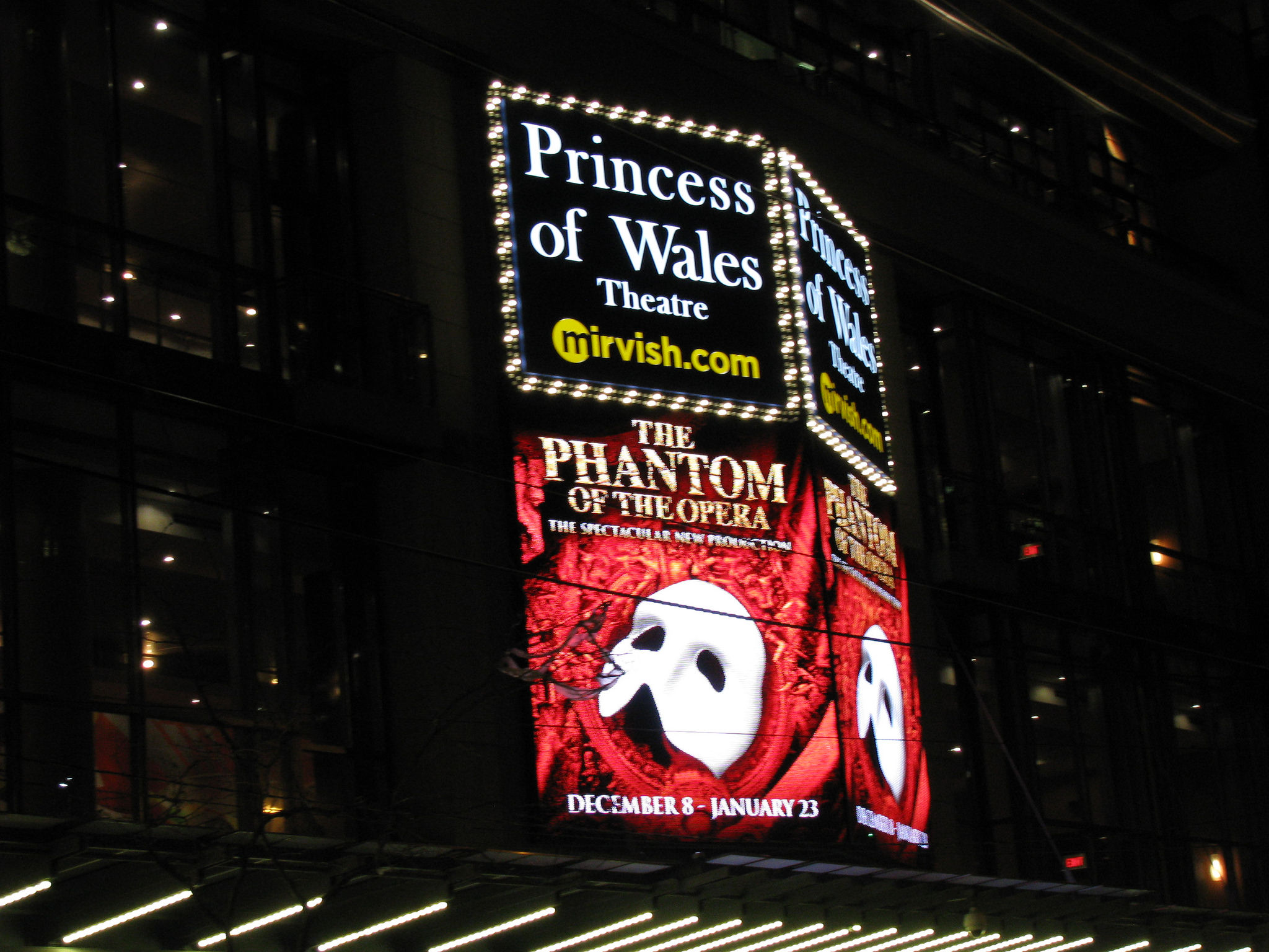 Princess of Wales Theatre showing Phantom of the Opera sign at night. And, first of all, also, another, furthermore, finally, in addition because, so, due to, while more. Consequently and therefore, in conclusion seems like, maybe, probably, almost most of all, most noteworthy, especially relevant.
