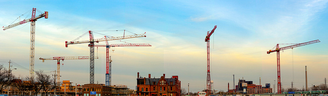 Photo of cranes and buildings in Corktown.