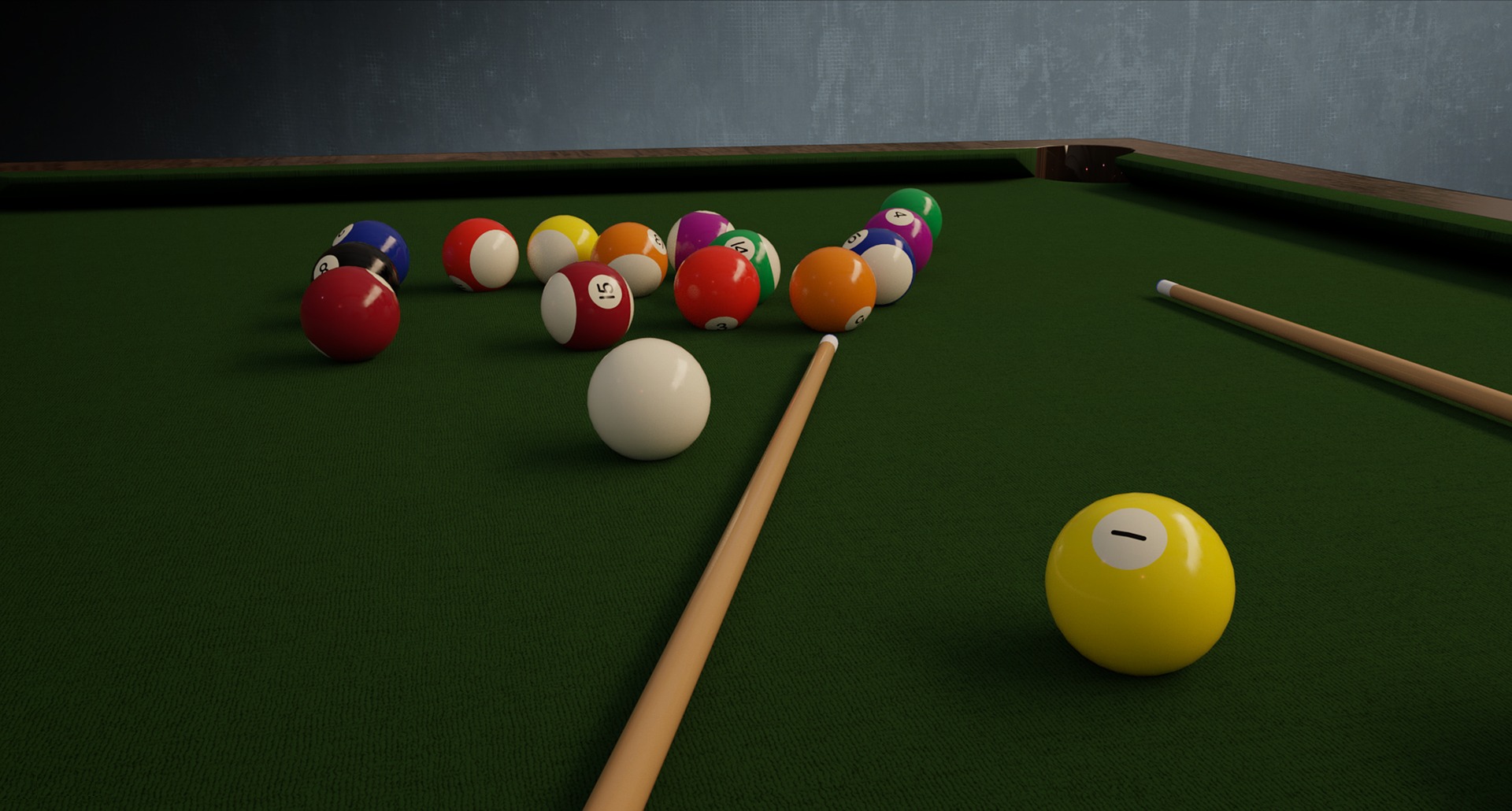 Photo of a pool table and balls and stick.