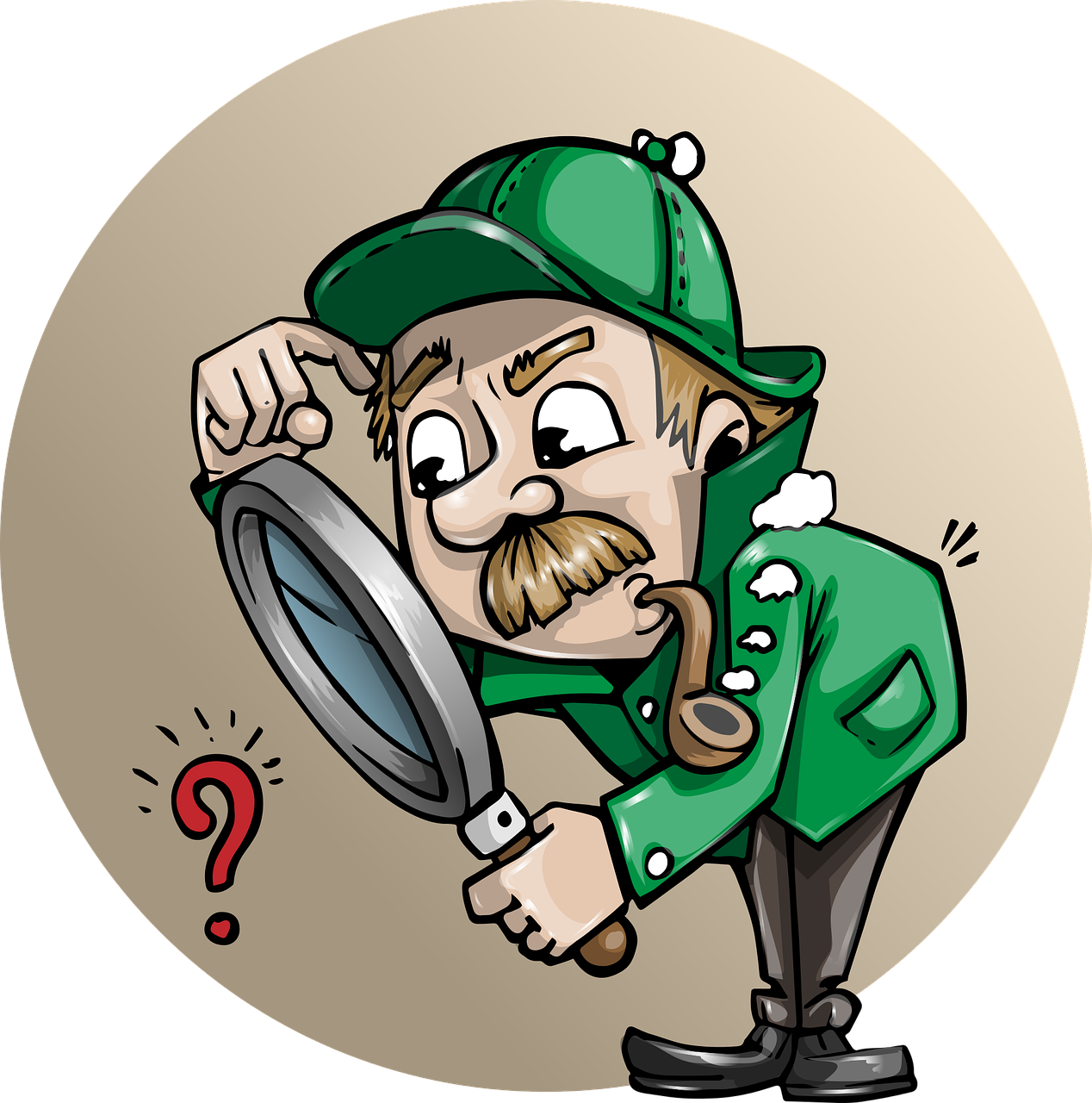 Cartoon of Sherlock Holmes with magnifying glass looking at red question mark. Shows how a real estate broker has connections to home inspectors so they can check for any pot or cannabis related damage.