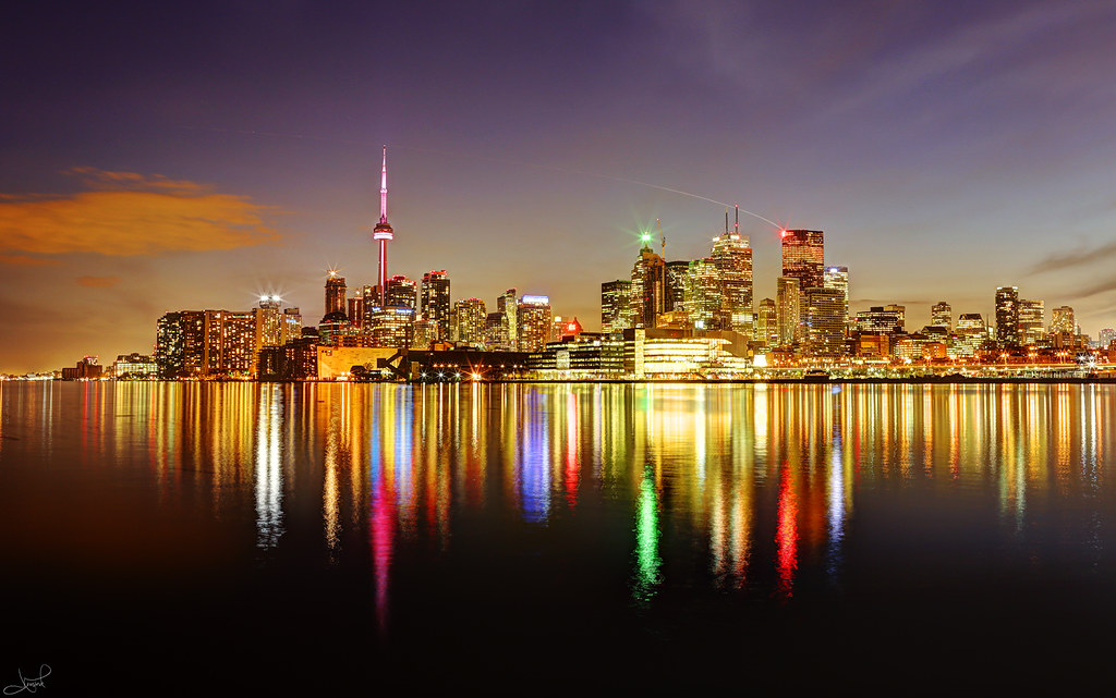 Night time view of the Toronto Waterfront and Lake Ontario.