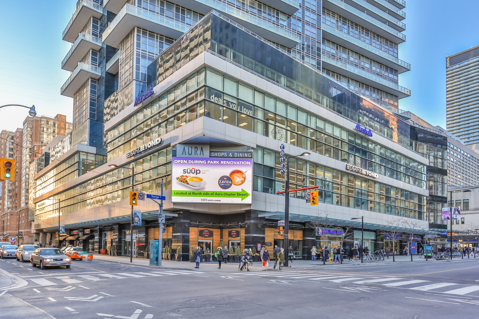  Street view of Aura at College Park condo and mall in Toronto.