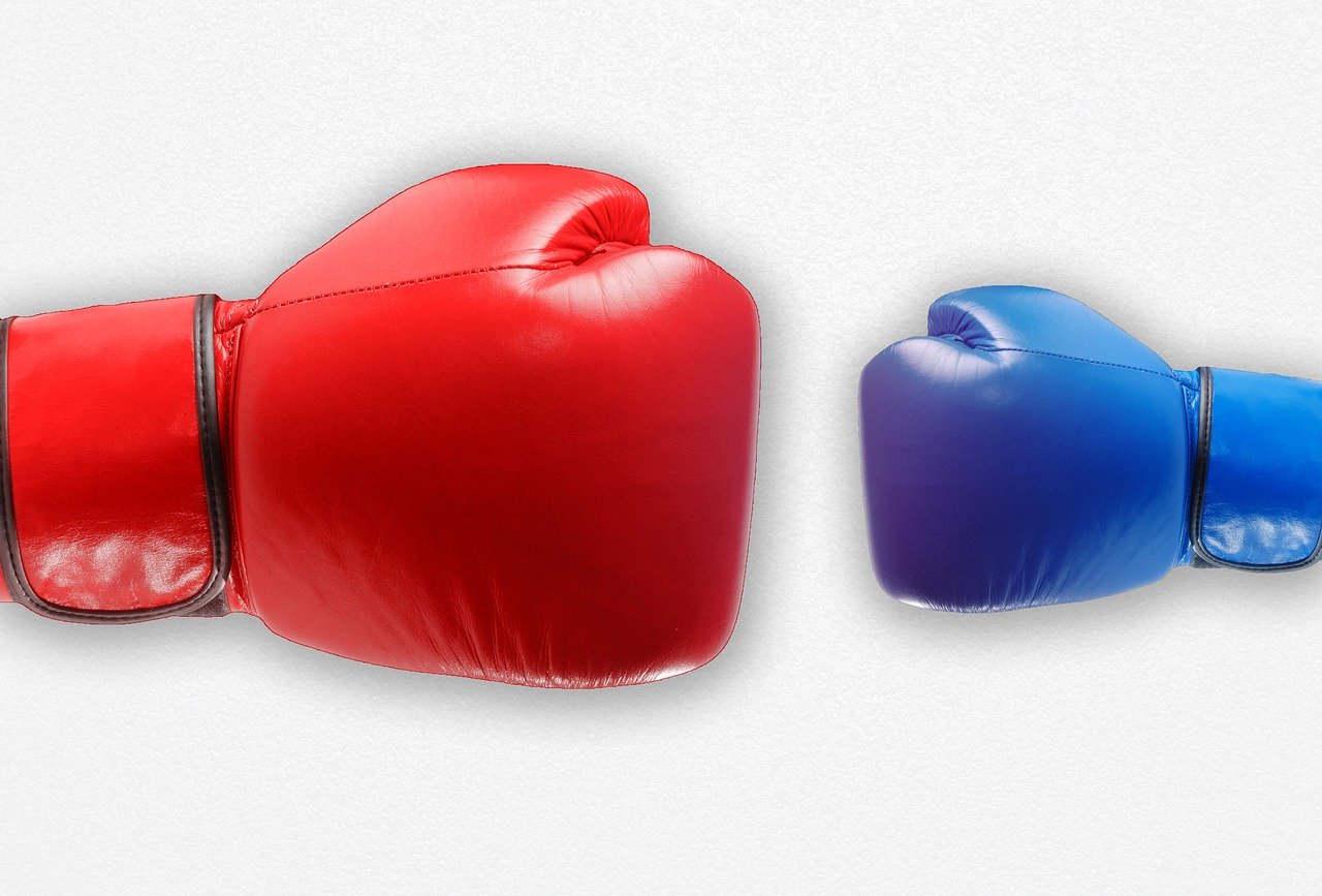 Large red boxing glove and small blue boxing glove showing Phyxter vs competition.