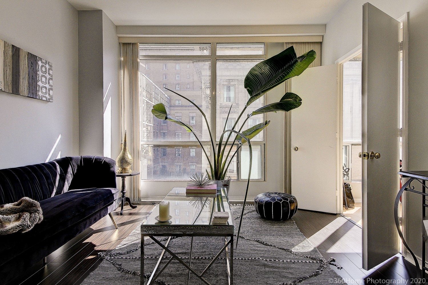 Condo living room with blue sofa, glass table, fancy vase and large potted plant.