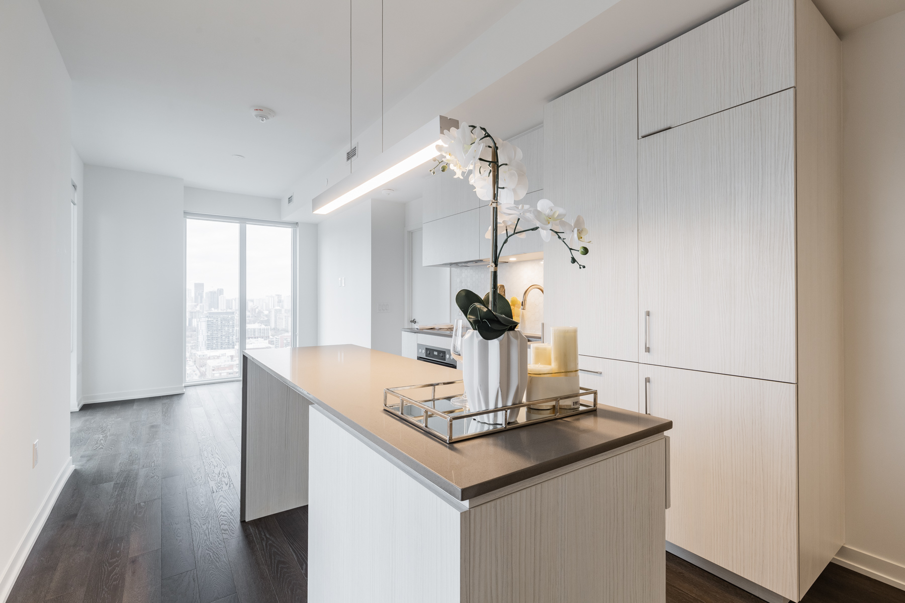 20 Richardson St Unit 3108 wood grain kitchen cabinets Large kitchen cabinets with soft-close doors and wooden textures.