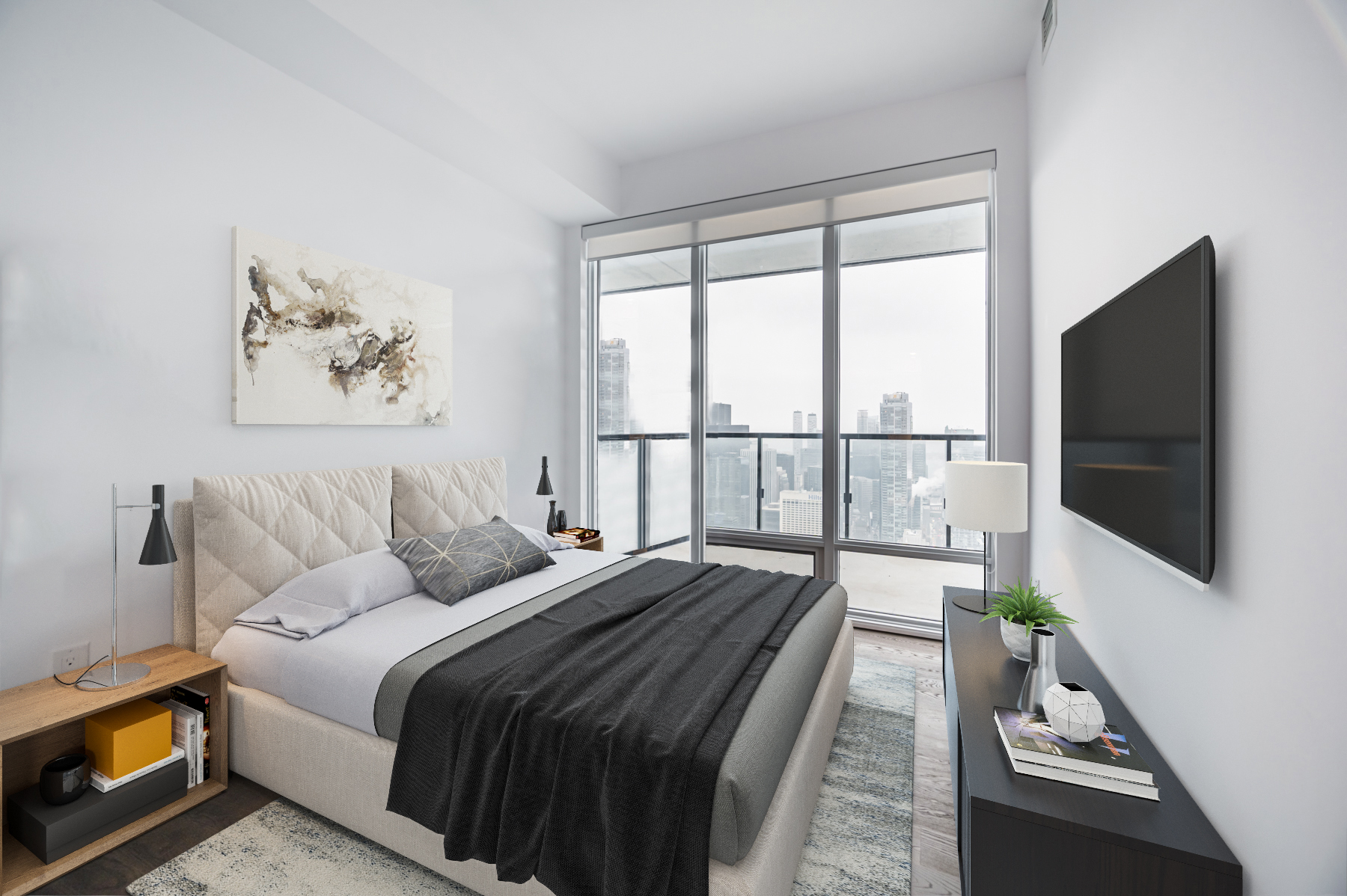 condo second bedroom large windows bed Floor-to-ceiling windows of 488 University Ave 4610 second bedroom.