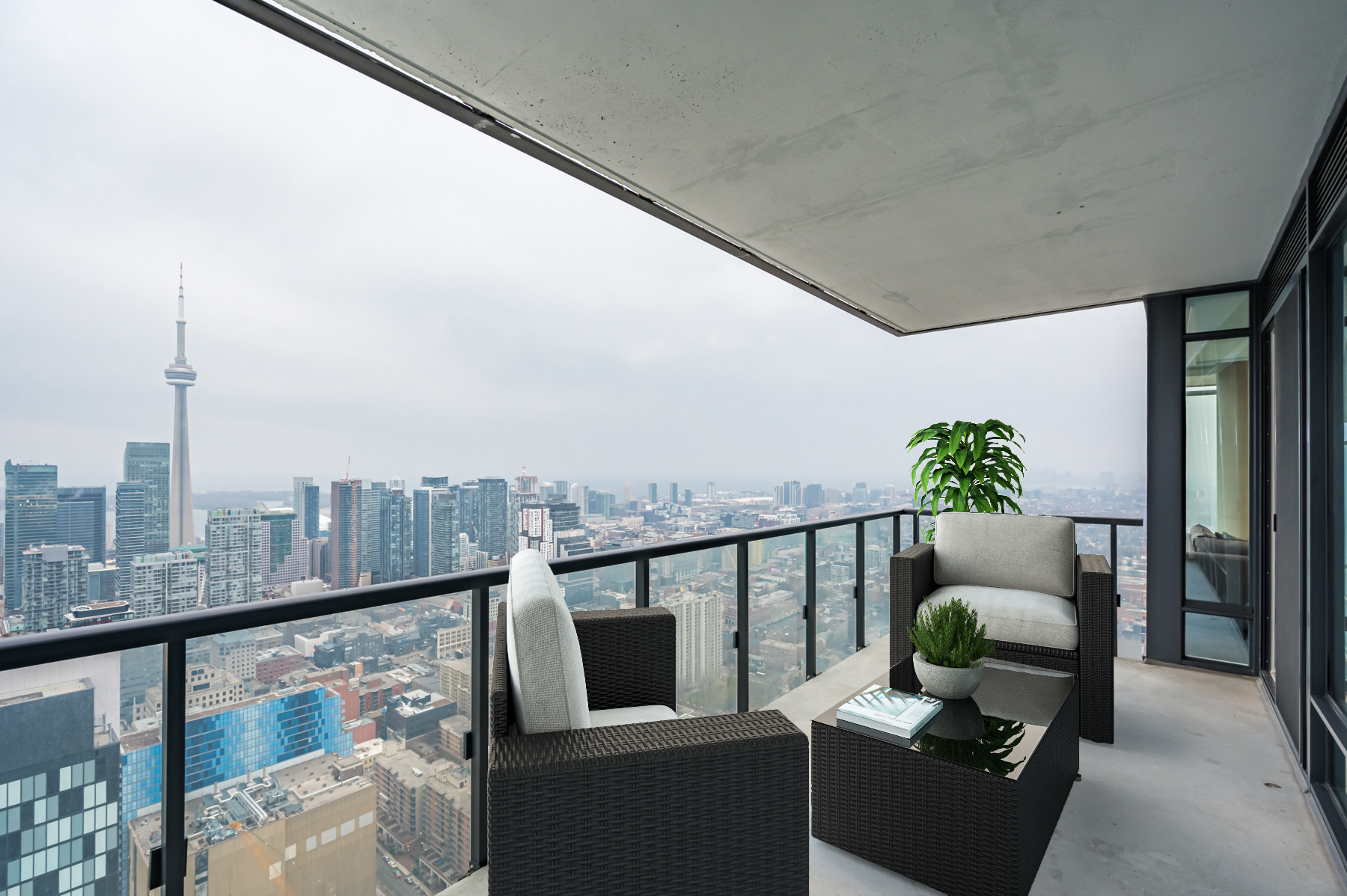 condo balcony glass panels 3d patio furniture 488 University Ave 4610 balcony with clear glass panels.