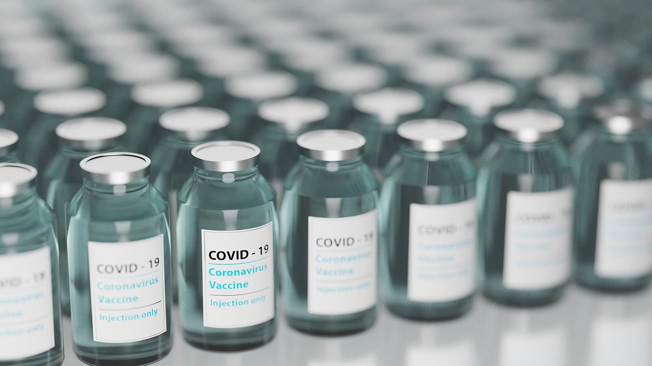 Neatly arranged rows of covid-19 vaccine vials.