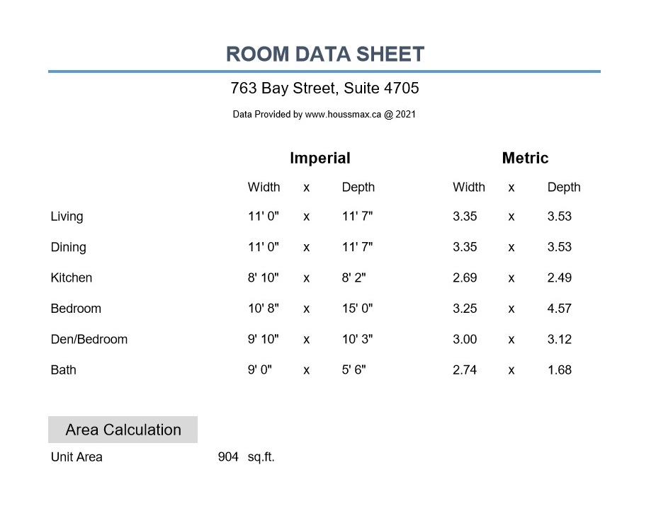 Room measurements for 763 Bay St Unit 4705.