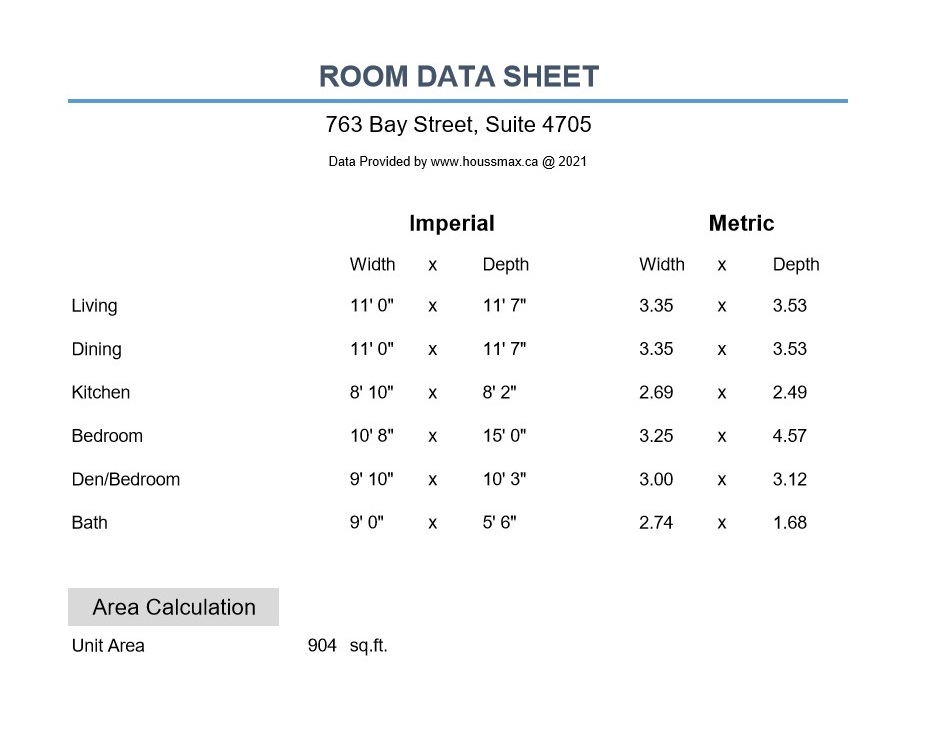 763 Bay St Unit 4705 Measurements Resized Room measurements for 763 Bay St Unit 4705.