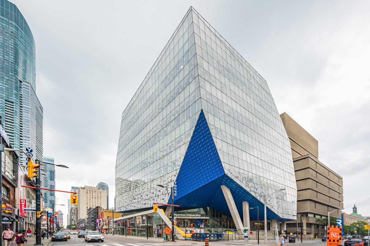 Modern blue and white exterior of Ryerson University's Student Learning Centre.