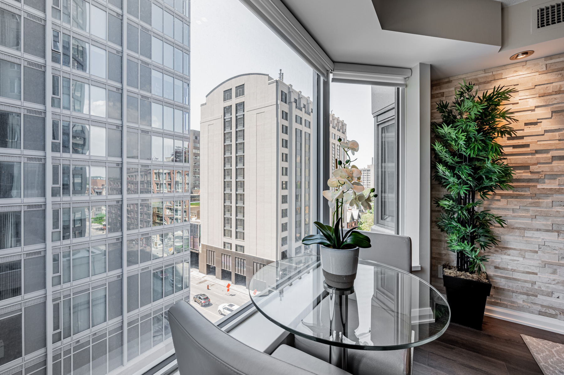 View of Yorkville, Toronto from dining room of 155 Yorkville Ave Unit 712.