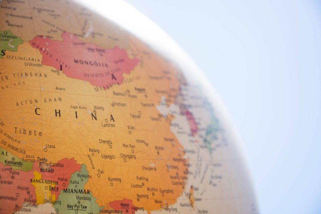 Close up of globe showing China.