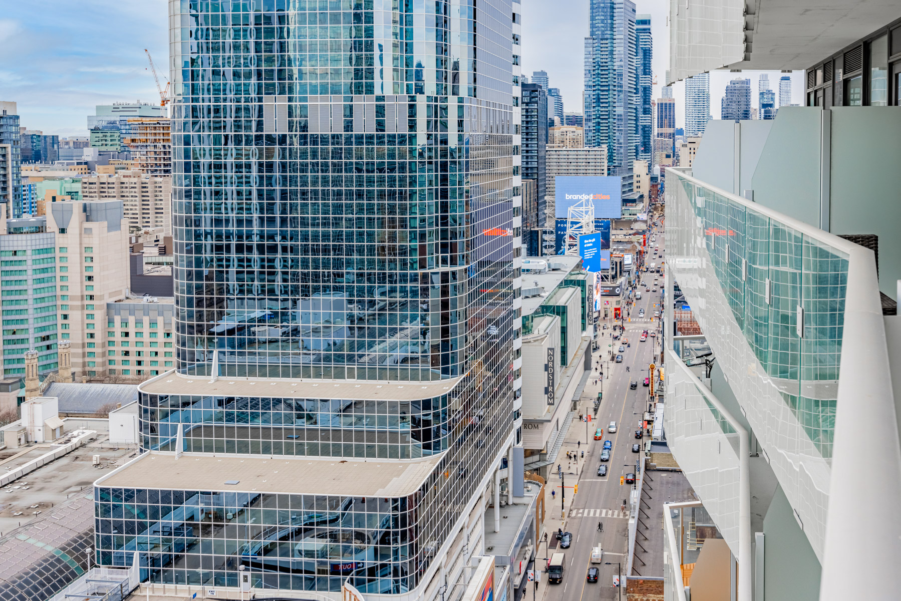 Top down view of busy Yonge St in Toronto.