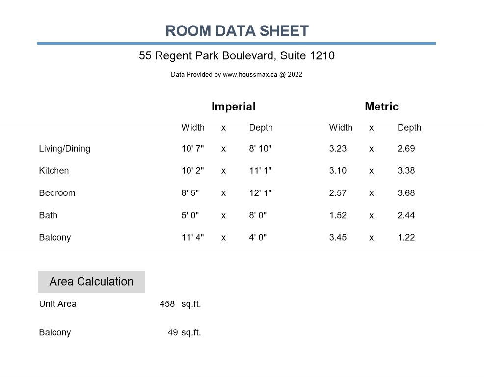 Room measurements for 55 Regent Park Blvd Unit 1210.