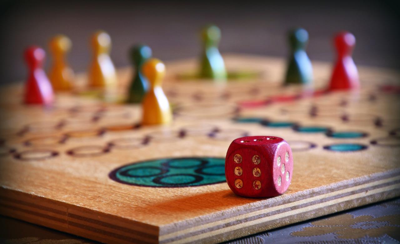 Board game with dice and colourful pegs and pieces.