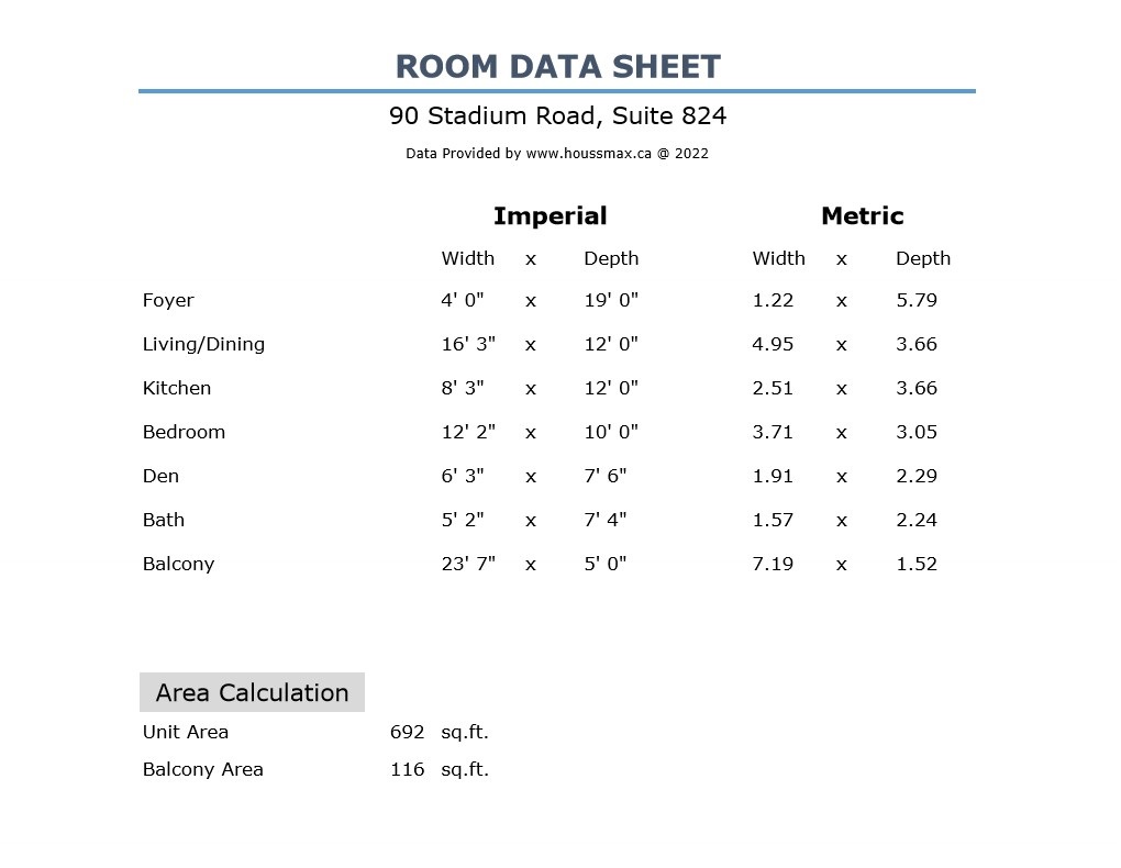 Room measurements for 90 Stadium Rd Unit 824.