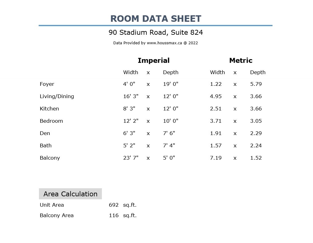 24. 90 Stdium Road Unit 824 Measurements Room measurements for 90 Stadium Rd Unit 824.