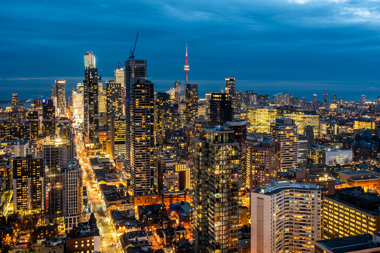 Toronto skyline night city lights Brightly lit Toronto skyline at night.