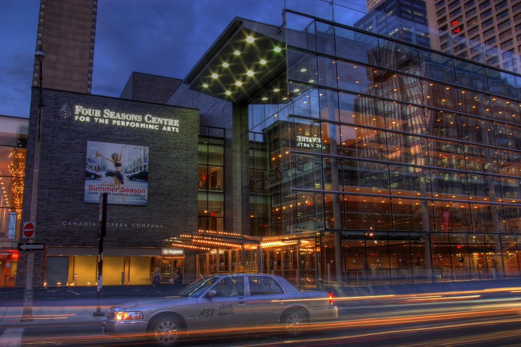 Exterior of Four Seasons Centre for the Performing Arts at night.