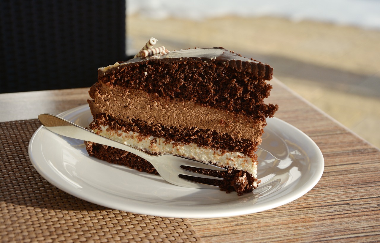 Slice of chocolate cake on white plate.