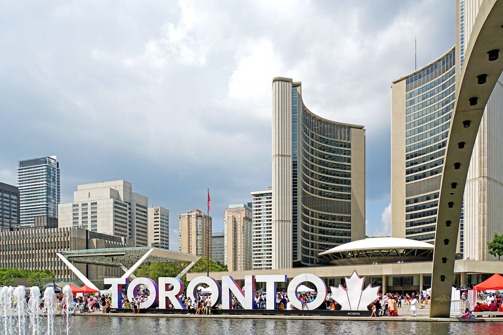 Toronto sign outside City Hall, showing The 6ix connection to city.